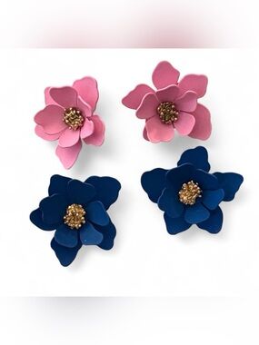 Pink & Dark Blue Floral Stud Earrings with Gold Centers